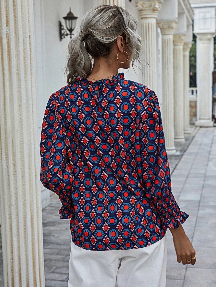 women s autumn and winter half high collar lotus leaf sleeve geometric pattern printing top NSYD3715