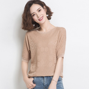 Round neck Pullover ice silk short sleeve T-shirt thin knitwear fashion Crochet bottoming blouse for women