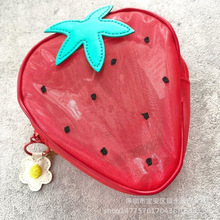 日韩少女新款刺绣草莓化妆包卡通可爱欧根纱透明定型旅行收纳袋