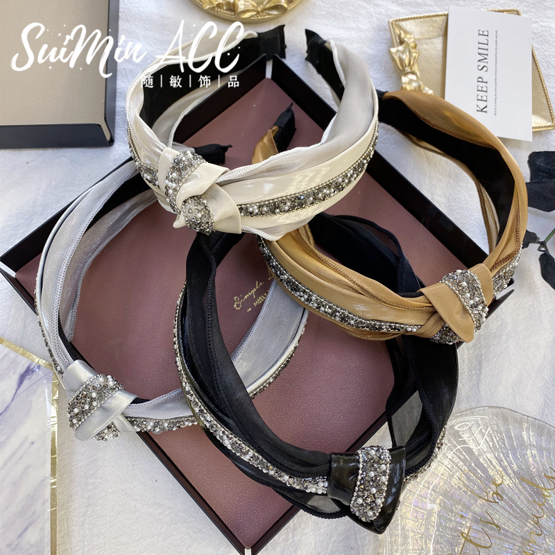 Korean version of pearl studded knotted hoop, simple elegant, with diamond bars in the middle wide edge headband, tied_voghion.com