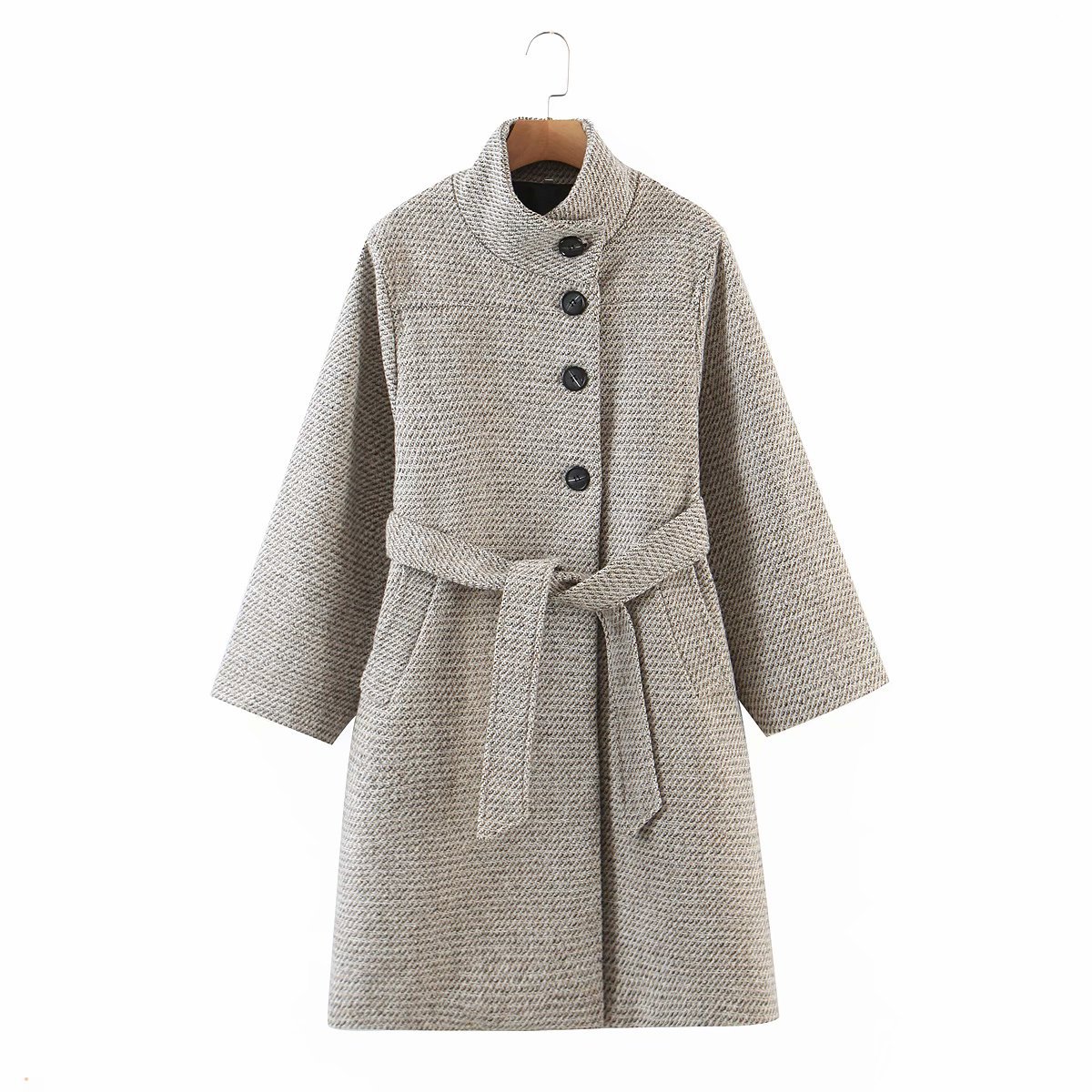 wholesale winter stand-up collar lapel long slimming belt woolen coat jacket NSAM6955