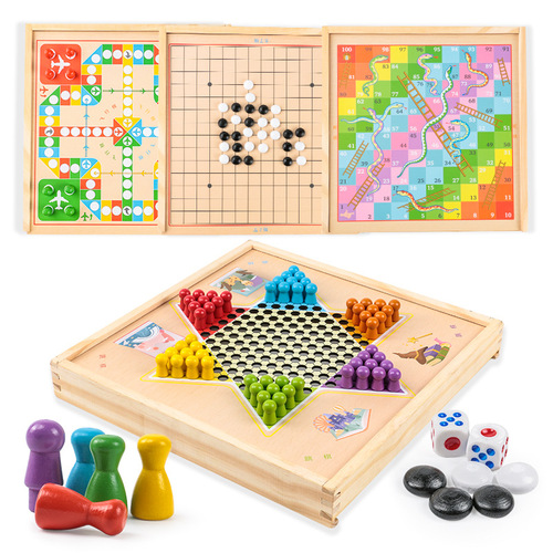 Wooden Flight Chess Five-in-a-Row Flag Chess Chess Multi-functional Game Jump Chess Student Brain Teaser Toy 3-10 Years Old