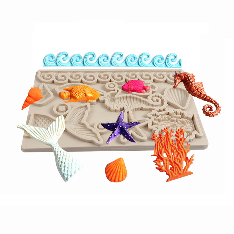 Cristal epoxi molde concha marina mar fondant cake molde algas peces de mar Starfish herramienta para hornear
