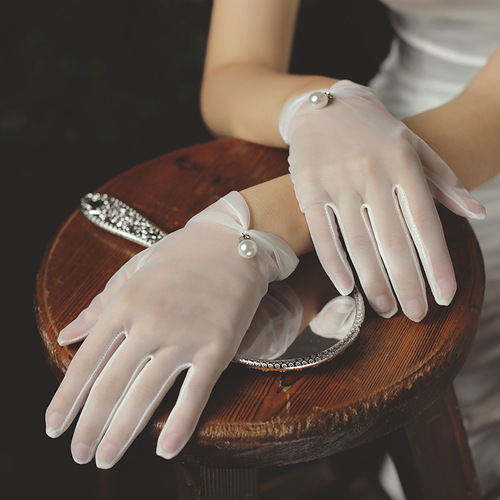 New bridal wedding dress gloves short tulle pearl white gloves