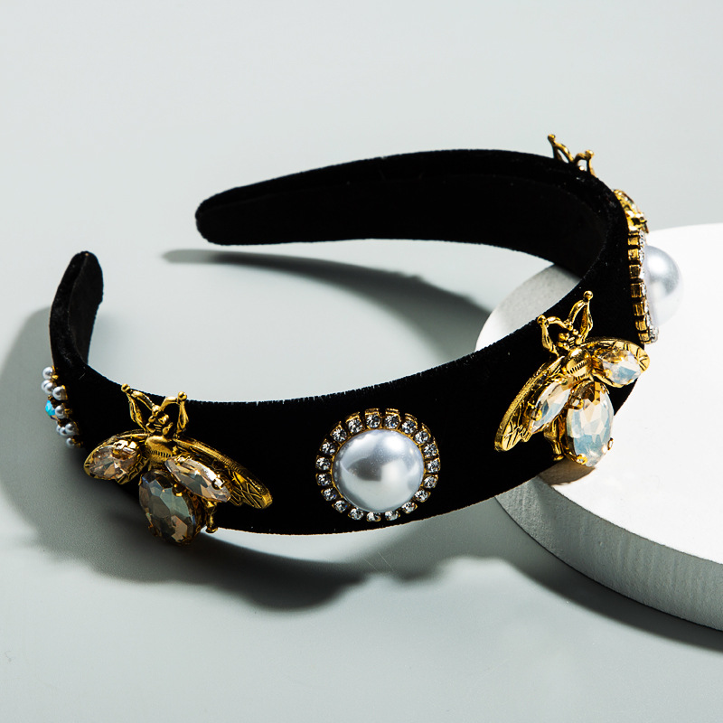 Europäische Und Amerikanische Mode Gold Samt Biene Blume Perle Stirnband Frauen Einfache Und Wilde Breit Krempige Strass-promi-stirnband display picture 3