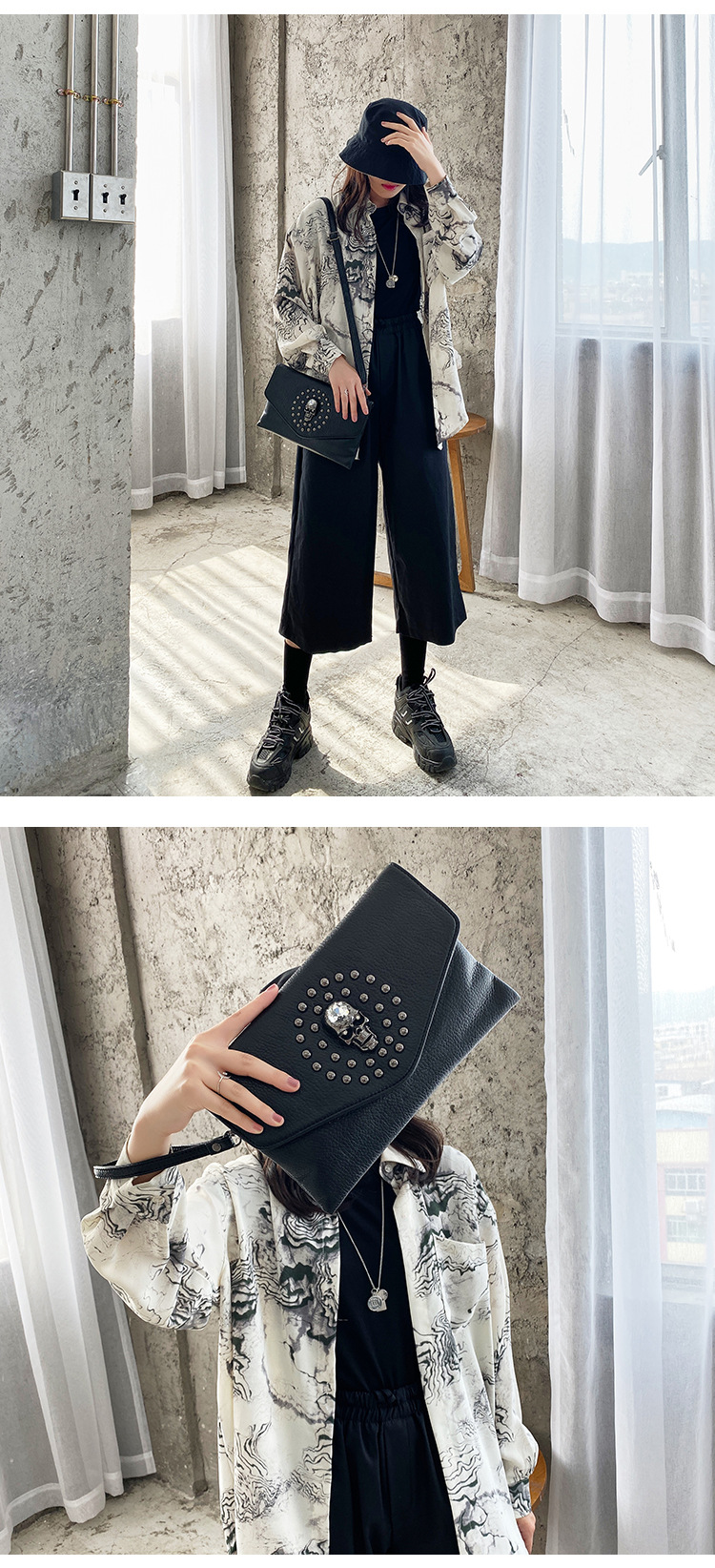 Schoudertas voor dames, punk stijl clutch met schedel decor_voghion.com