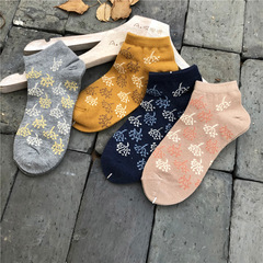 20春夏新款 日系碎花棉質女船襪 創意休閒復古提花短筒船襪棉襪女