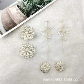 韩国东大门同款水晶珍珠编织花耳环耳钉时尚百搭气质耳饰女