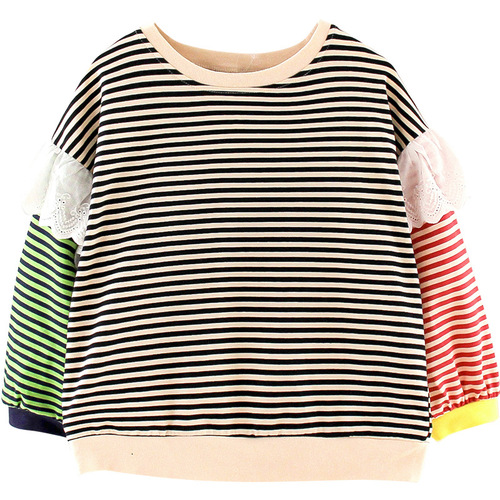 Girls long-sleeved T-shirt 2024 new spring and autumn style striped versatile tops contrasting color stitching girls T-shirt trendy