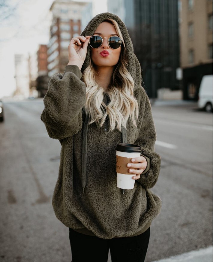 8763 #2020 Amazon AliExpress popular europeo y americano de manga larga con capucha de color sólido suéter de las mujeres suéter chaqueta image 8