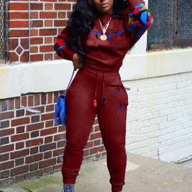 JY20131跨境款 欧美亚 马逊迷彩印花拼接时尚运动卫衣套装两件套