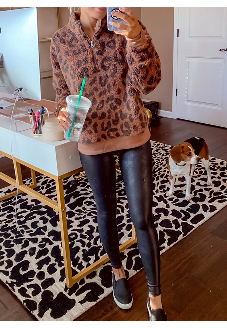 Long Sleeve Stand Collar Zipper Fall New Leopard Print Pullover Women s Sweater NSSI2485