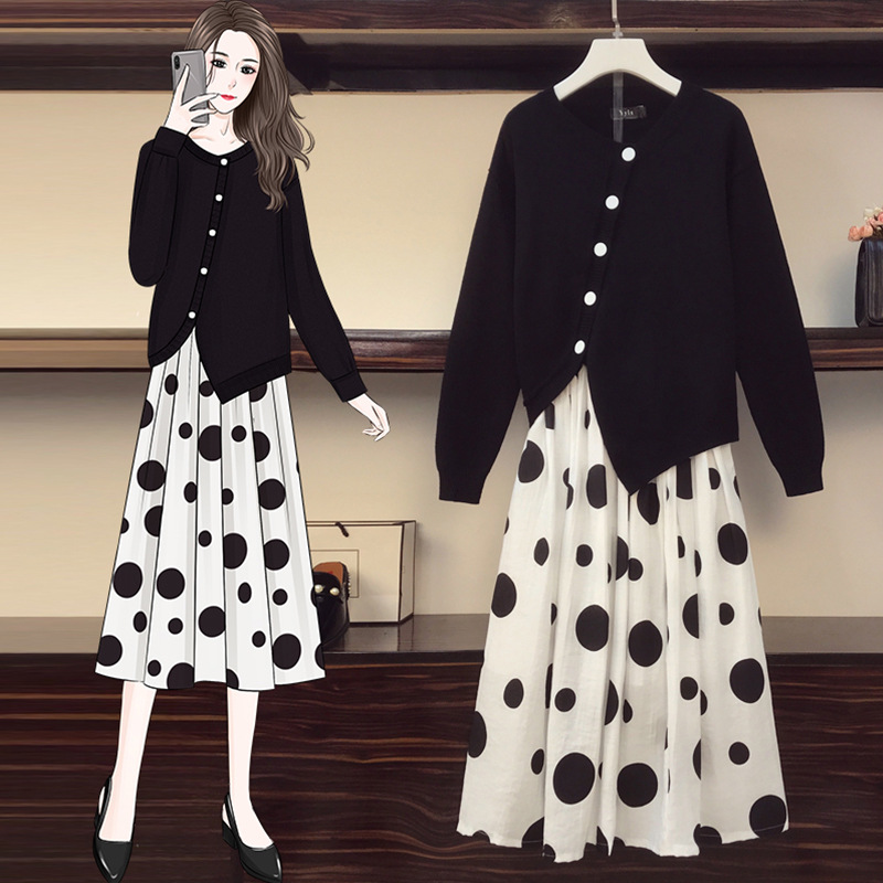 实拍秋装新款2020大码胖妹妹洋气不规则毛衣衫波点连衣裙套装8256|ru
