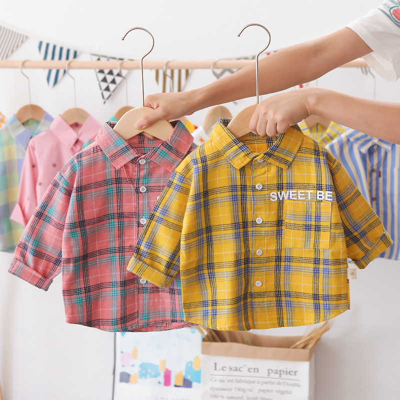 Camisa de manga larga para niños Plaid Baby Spring Top cardigan para niños ropa para niños Camisa de solapa de primavera y otoño para niños de estilo occidental