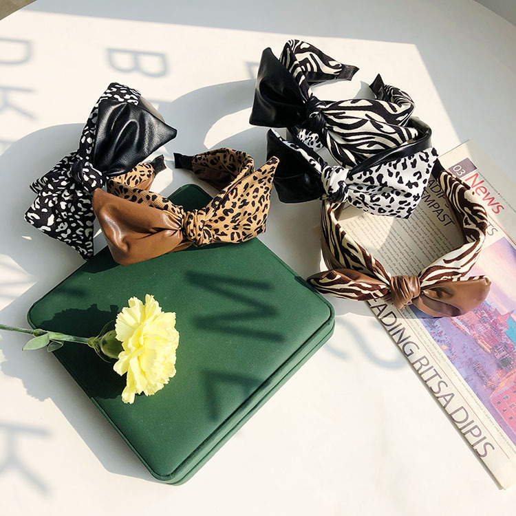 Leopard Bow Pu Leather Stitching Headband display picture 8