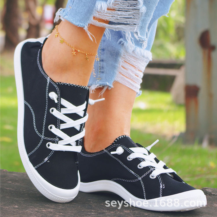 ebay新款黑色帆布鞋记忆棉鞋垫舒适平底一脚蹬防滑低帮百搭女鞋子