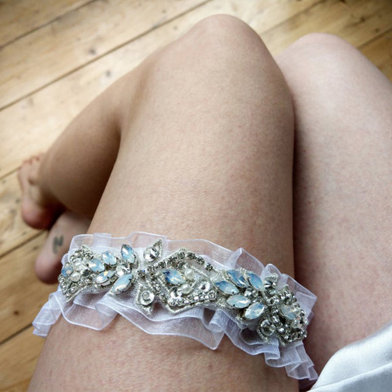 欧美新娘袜带手工镶钻婚礼吊袜带 弹力蕾丝蛋白石水钻腿环大腿圈