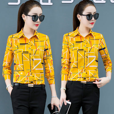 shirt Long sleeve Korean Edition lattice printing shirt Chiffon shirt jacket Self cultivation Show thin Large Base coat