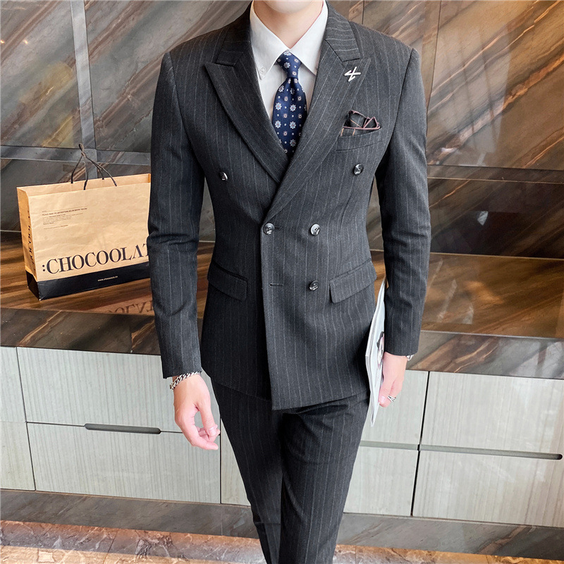 Groom suits Men's 2021 wedding dress Korean version of the slim striped suit male set four seasons dress
