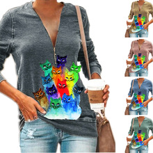 2020秋季女装新款上衣 跨境热销亚马逊爆款大码V领拉链长袖t恤女