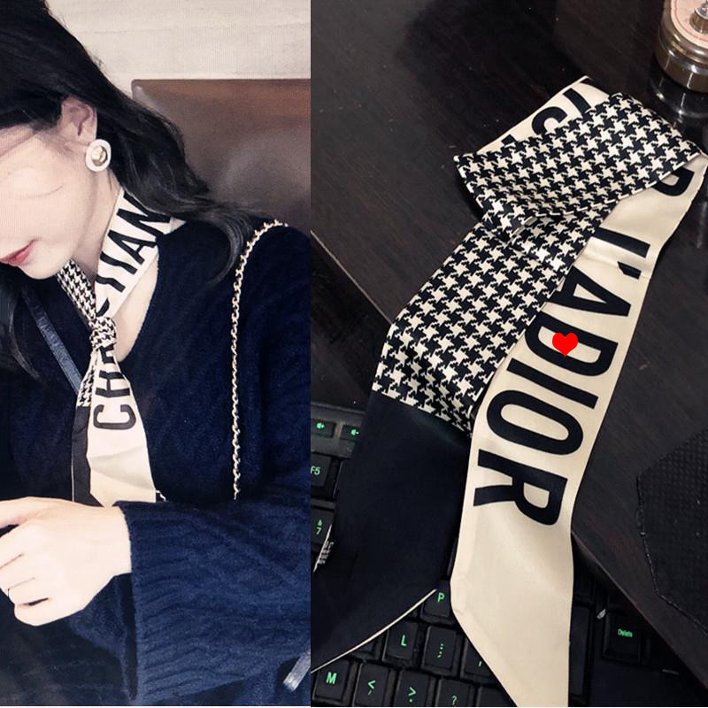 D家春季千鸟格印花细窄长条包包丝带装饰小领巾仿真丝丝巾女