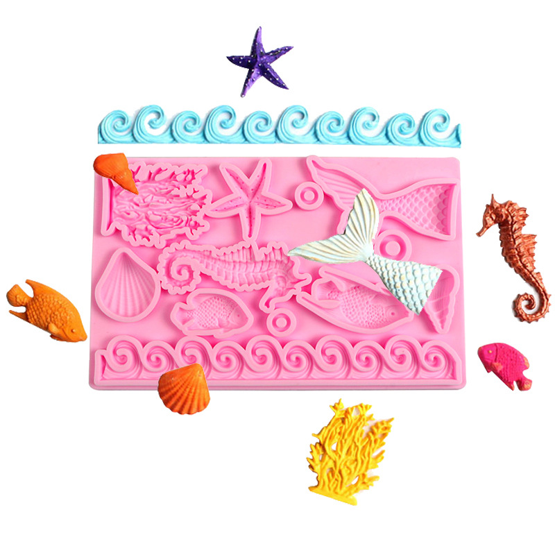 Cristal epoxi molde concha marina mar fondant cake molde algas peces de mar Starfish herramienta para hornear