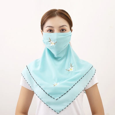 防晒面罩珍珠雪纺绣花口罩女夏季遮脸防尘面纱晒户外骑行三角丝巾|ms