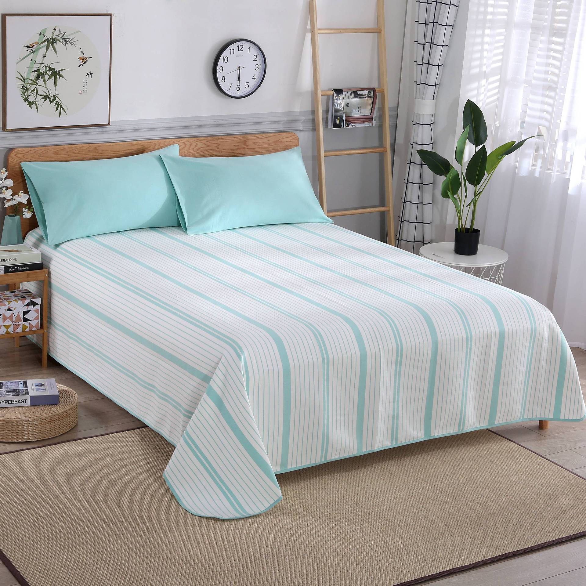工厂直销纯棉粗布凉席床单一件代发可机洗1.5/1.8米床绿白条