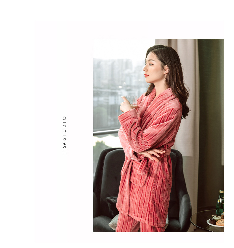 Pigiama da donna GraceChic GraceChic, set di vestaglia e pantaloni in pile corallo autunnale, abbigliamento da casa in flanella a righe per uomo, set invernale_voghion.com