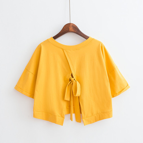 Pure Color Backless Splicing Slit V-Neck Loose High-Waist Short-Sleeve T-Shirt for Women Student with Strap Short-sleeve Top Women's Clothing