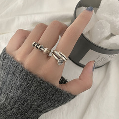 復古幾何多層戒指女簡約S925銀不規則圓形指環嘻哈食指戒韓版飾品