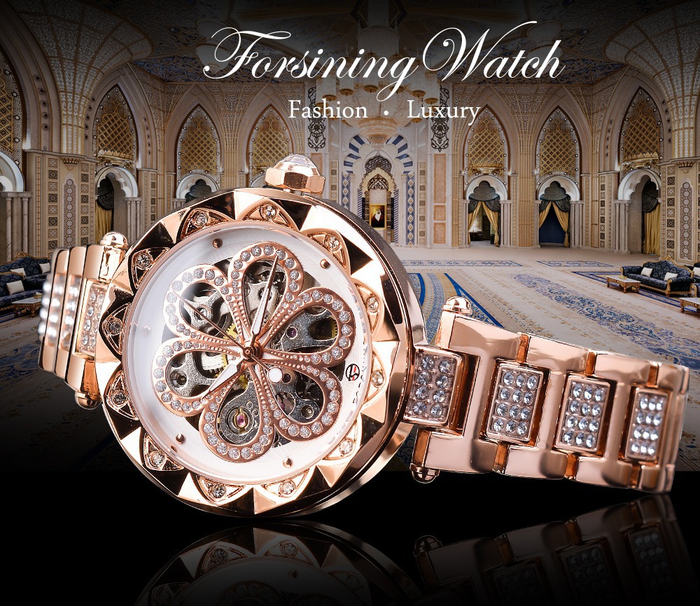 Women's Rhinestone Skeleton Mechanical Watch Automatic Waterproof_voghion.com