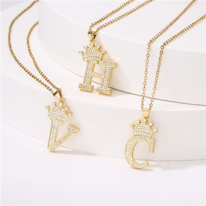 INS hot copper plating of gold color preserving micro inlay zircon crown English letters female hot style pendant necklace