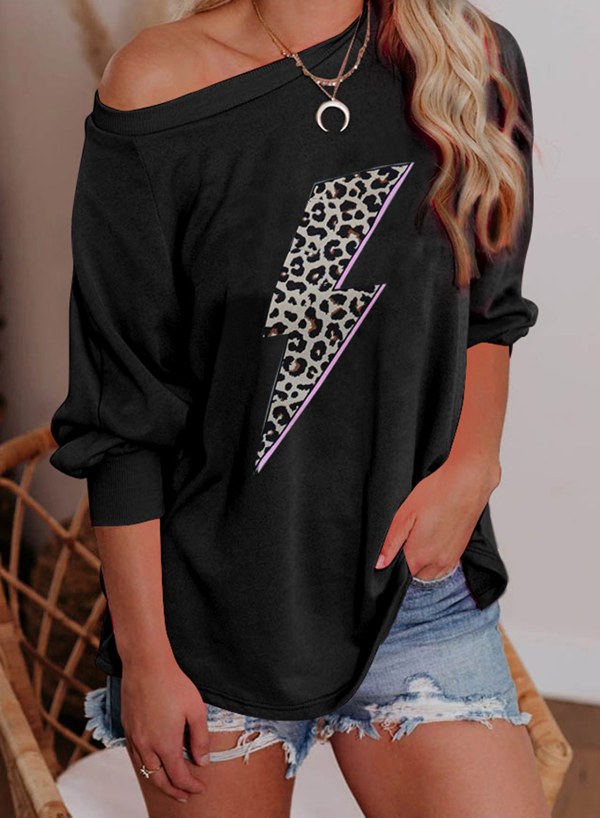 otoño e invierno estampado de leopardo estampado de labios casual cuello redondo manga larga sudadera de mujer NSSI3398