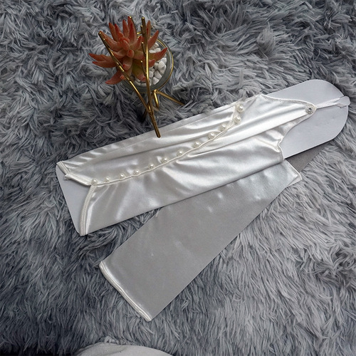 Factory direct sale long finger hook gloves, pearl etiquette wedding gloves, satin elastic crepe gloves