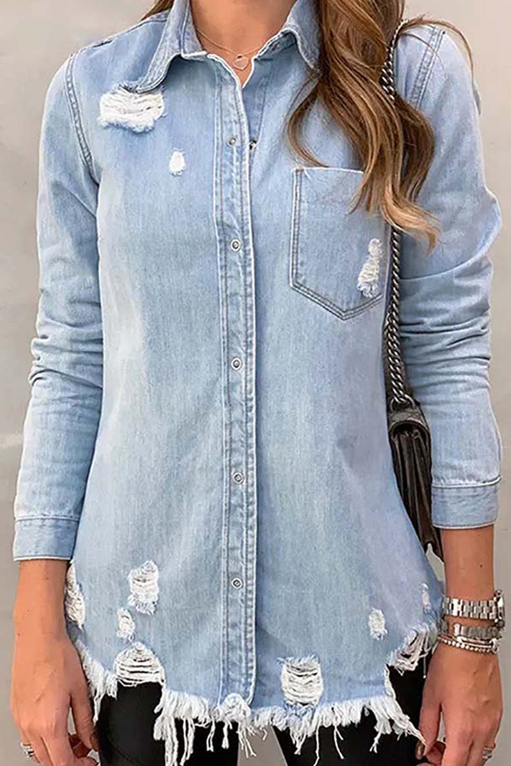 long-sleeved denim jacket women s autumn and winter new style solid color distressed women s jacket NSSI2752