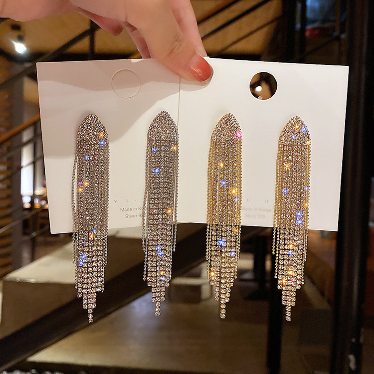 Silver needle full diamond geometric Triangle Earrings long Tassel Earrings fashion personalized earrings for women