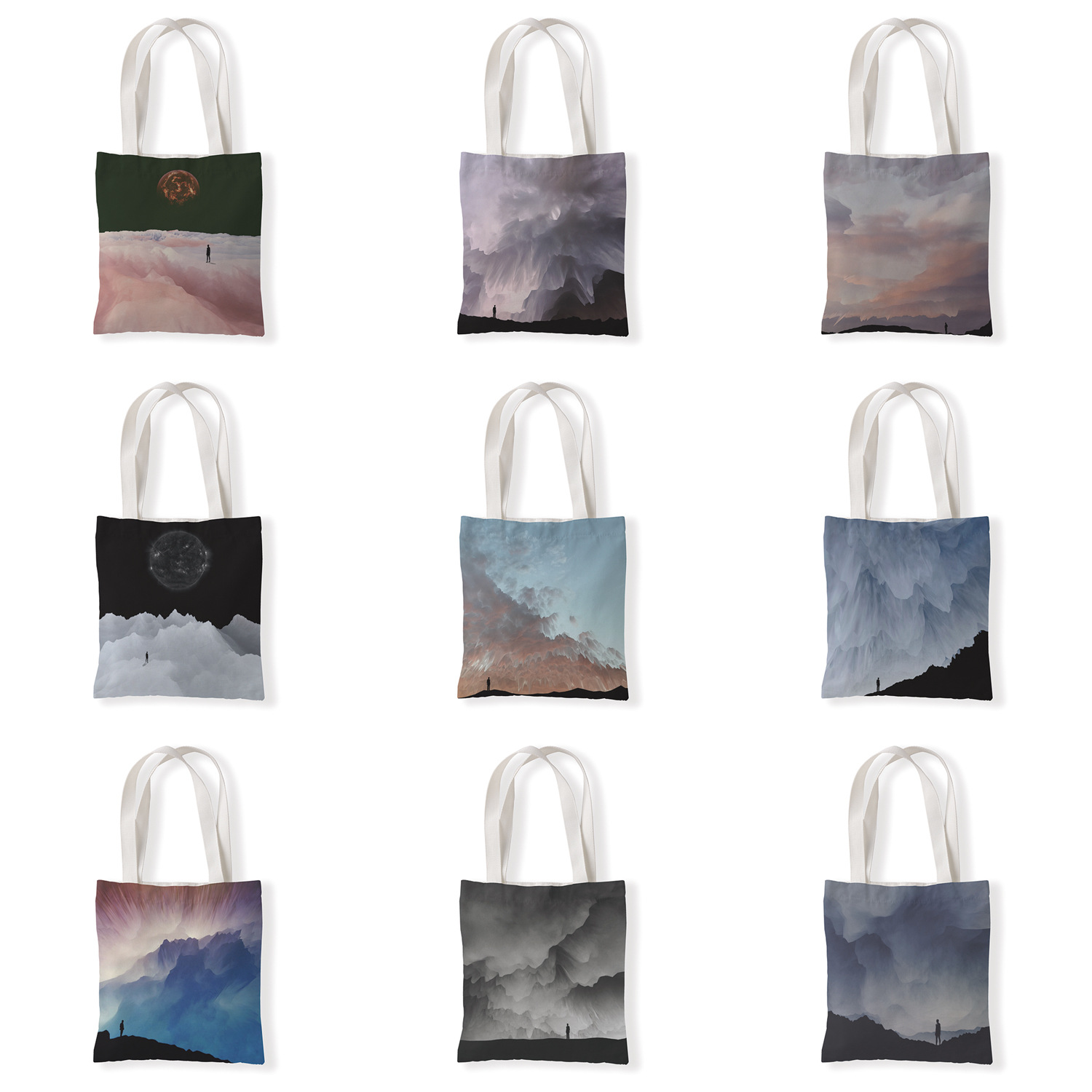 风景创意彩印印花单肩学生帆布袋小手拎女包零钱袋休闲百搭包包