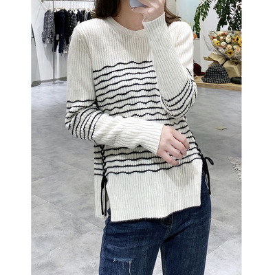 Leno stripe Goat Fleece T-shirts Pullover Side straps Split ends sweater Autumn and winter On behalf of