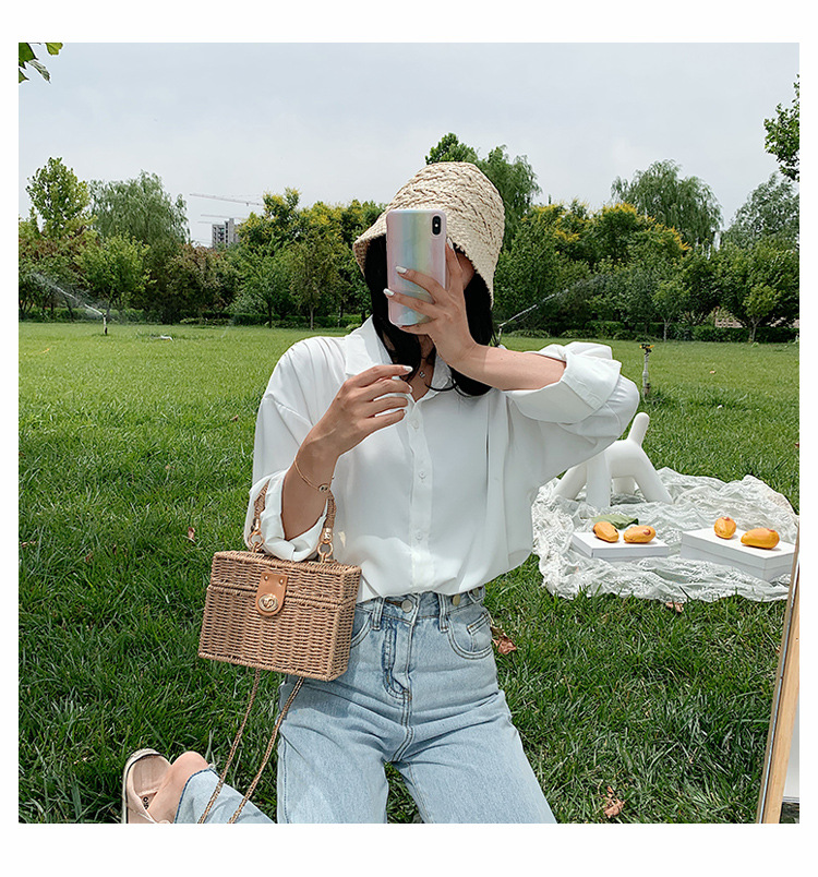 Holiday Occasion Medium Straw Solid Color Square Buckle Straw Bag
