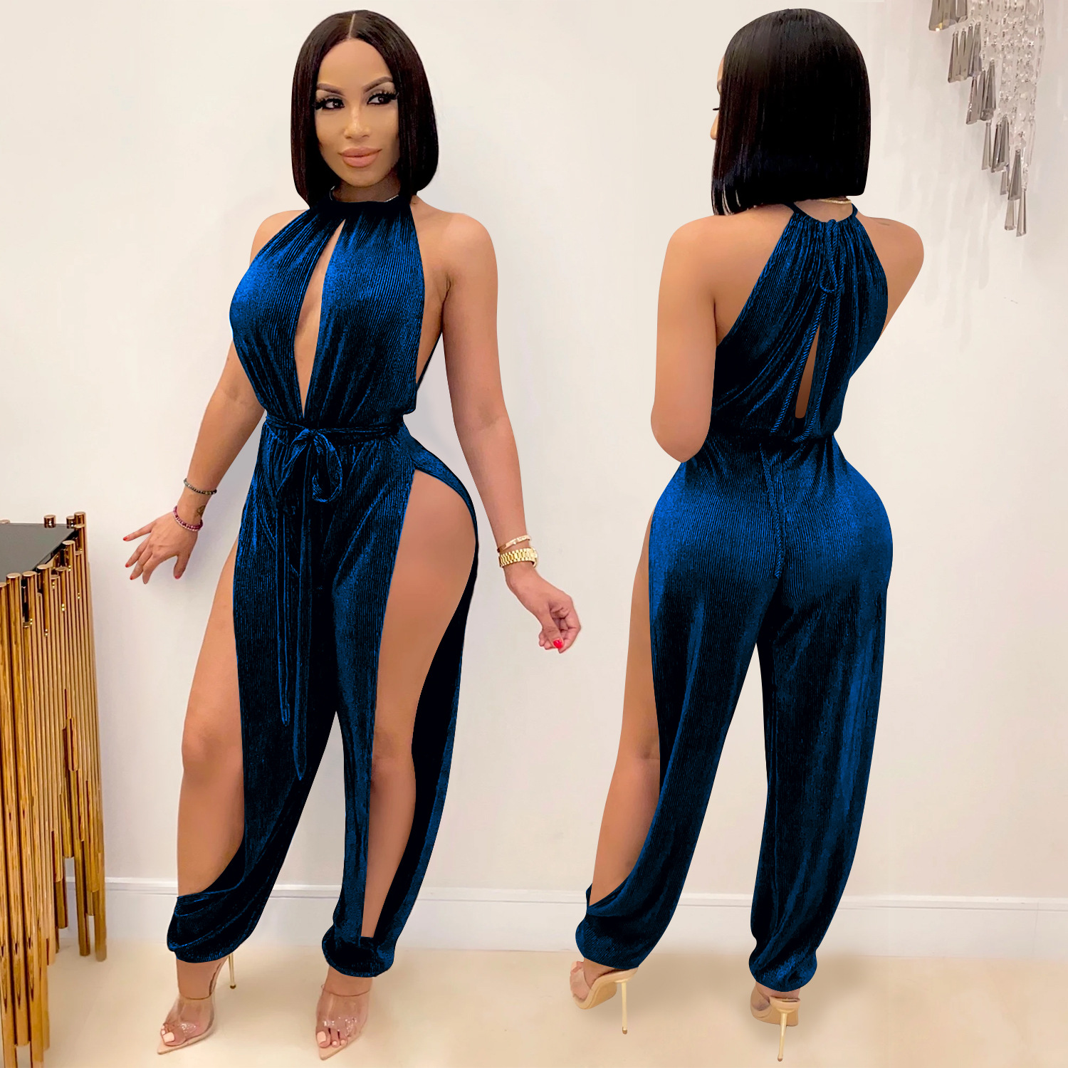 women s strappy sided slit jumpsuit nihaostyles clothing wholesale NSXYZ78218