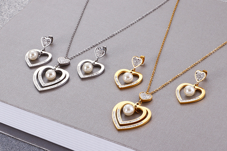 Foreign Trade Supply Korean Accessories Fashion Simple Women Heart Pearl Earrings Necklace Two-Piece
