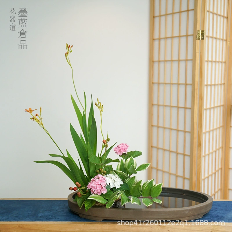 Фиолетовый песок ручной работы Овальный большой ландшафтный поднос для воды Цветочная посуда Дзен Китайская японская Цветочная композиция сосуд маленький оригинальный стиль