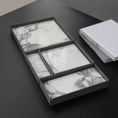 新中式樣房家居客廳桌面茶幾收納托盤 水墨畫大理石方形托盤擺件