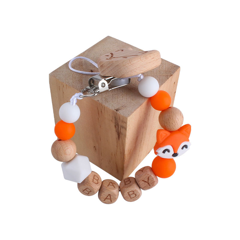 Bebé haya zorro chupete clip de juguete de dibujos animados bebé nombre silicona pequeño zorro mordedor chupete cadena