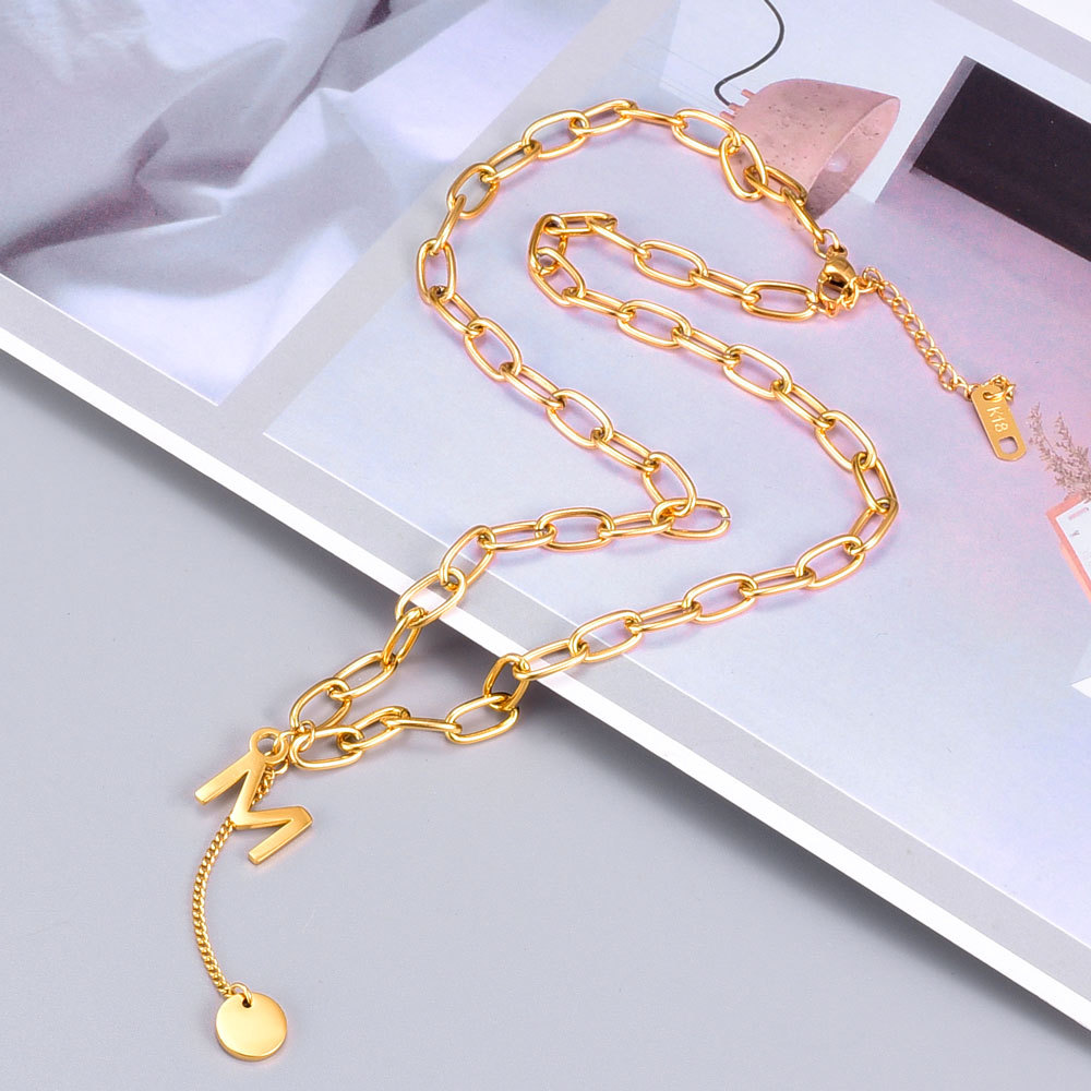 Fashion Lock Chain M Letter Tassel Disc Necklace Clavicle Chain Titanium Steel Plated 18k Gold display picture 3