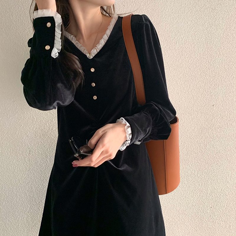 2021夏夏新款小个子新款复古气质中长款连衣裙金丝绒加厚打底裙子