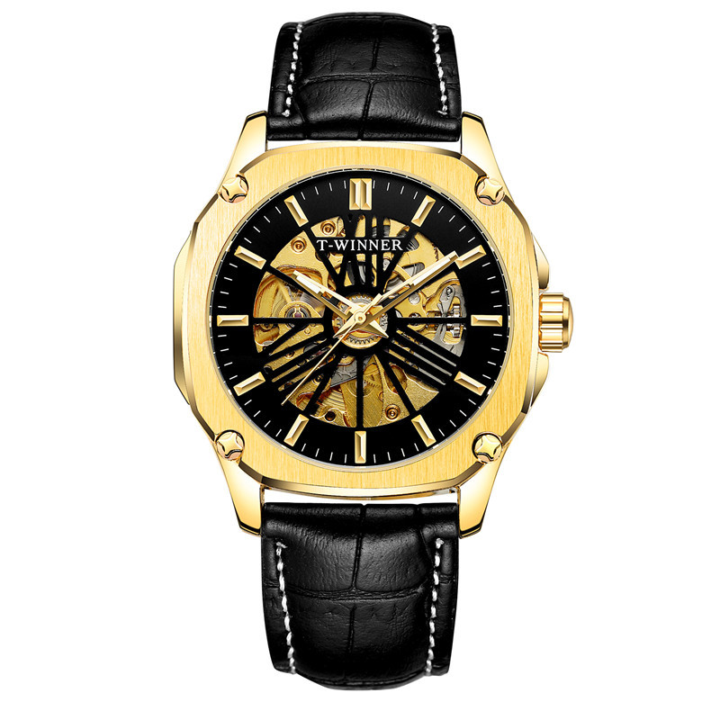Ganador reloj mecánico automático para hombres moda hueco transparente volante correa de cuero reloj mecánico 8182