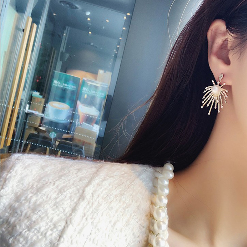 Korean New Fireworks Pearl Exaggerated Earrings Fashion Earrings 925 Zircon Micro-inlaid Silver Needle Earrings Wholesale Nihaojewelry display picture 2