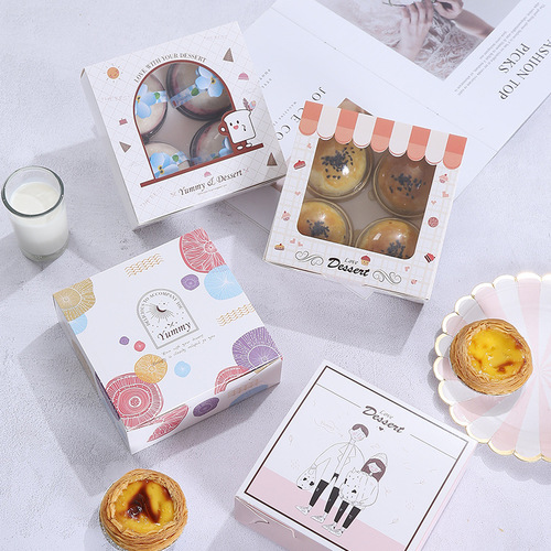 Thickened white cardboard square 4 egg tart packaging box with color printing egg yolk shortbread cookie dessert box with transparent window